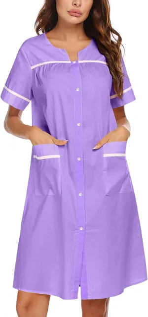 Ekouaer Sleepwear Womens Snap Front Nightgown Housecoat Cotton Duster Short Sleeve House Dress