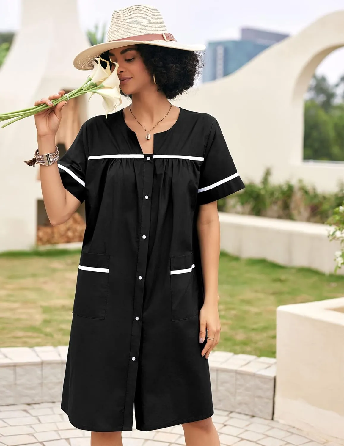 Ekouaer Sleepwear Womens Snap Front Nightgown Housecoat Cotton Duster Short Sleeve House Dress