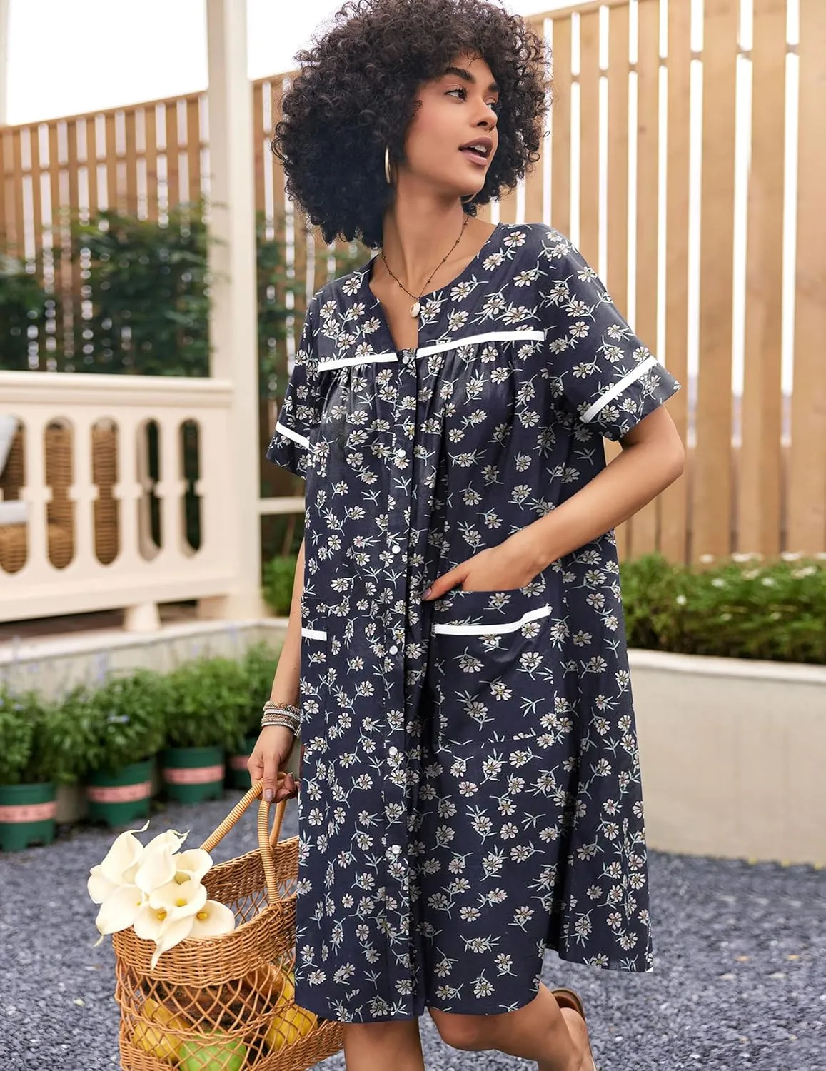 Ekouaer Sleepwear Womens Snap Front Nightgown Housecoat Cotton Duster Short Sleeve House Dress