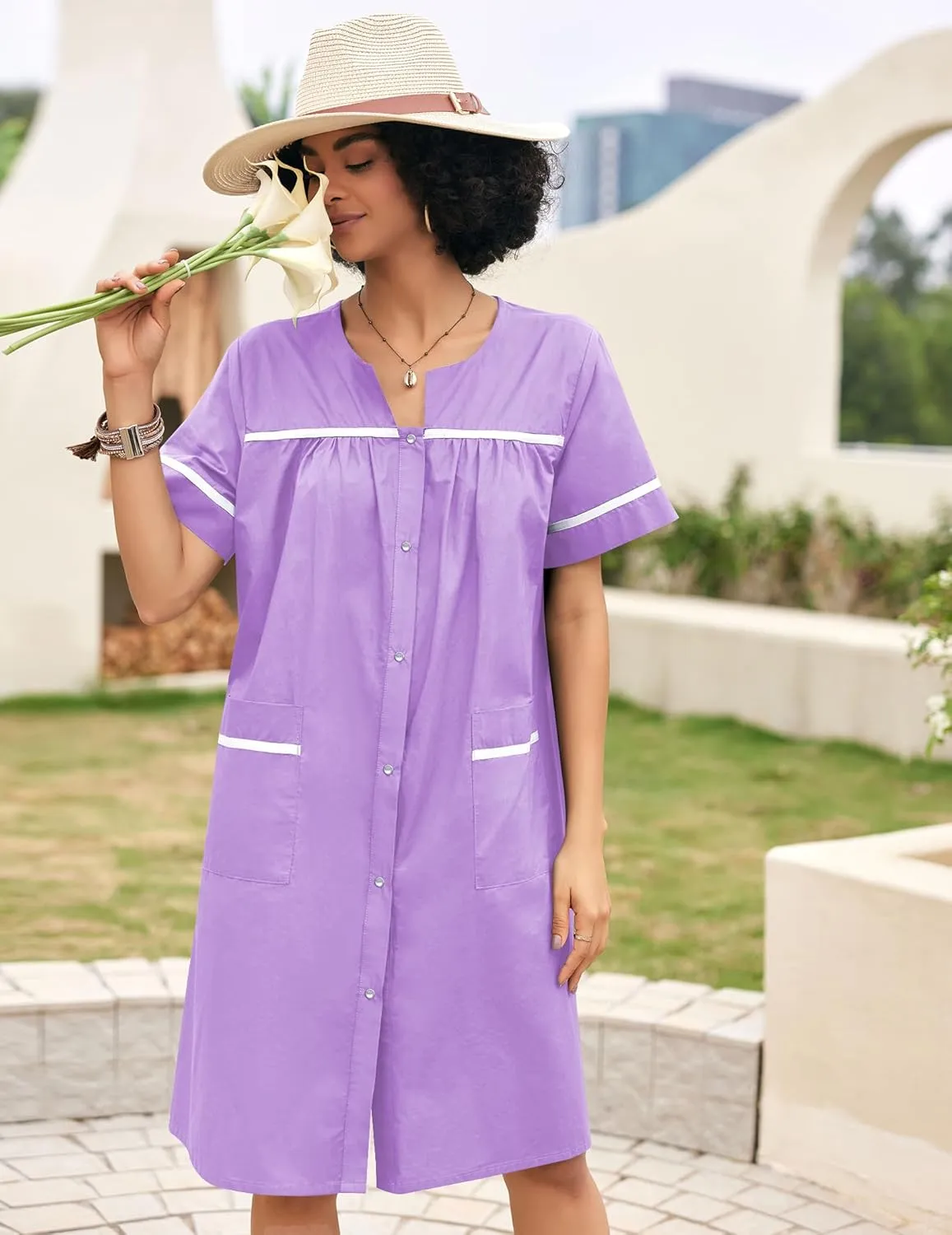 Ekouaer Sleepwear Womens Snap Front Nightgown Housecoat Cotton Duster Short Sleeve House Dress