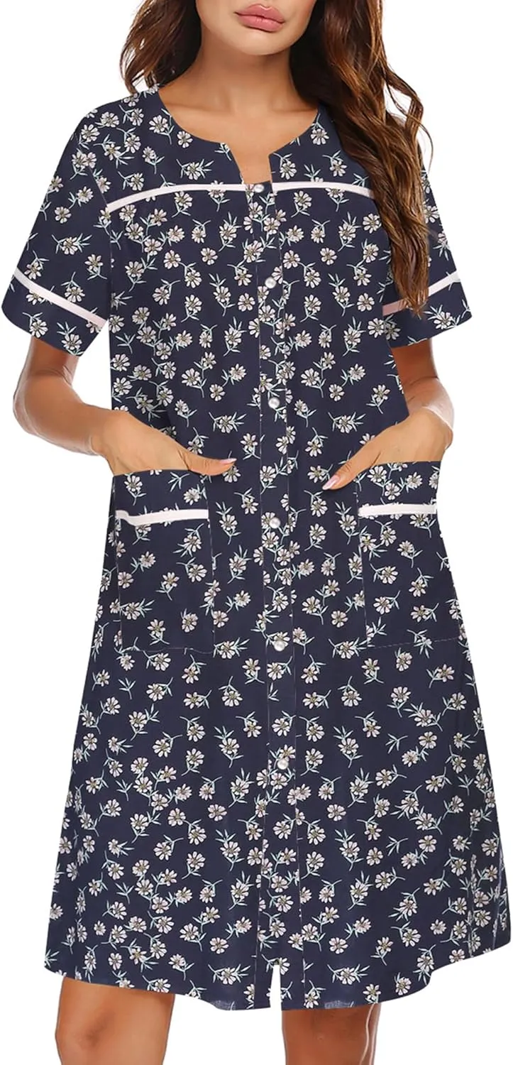 Ekouaer Sleepwear Womens Snap Front Nightgown Housecoat Cotton Duster Short Sleeve House Dress
