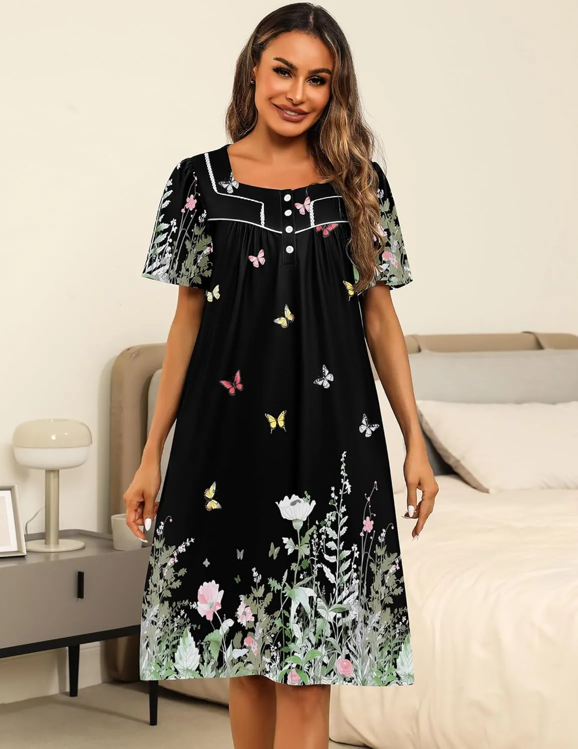Ekouaer Women's House Dress with Pockets Moomoo Dresses Short Sleeve Mumu Nightgown Lounge Dress Button Down Sleepwear