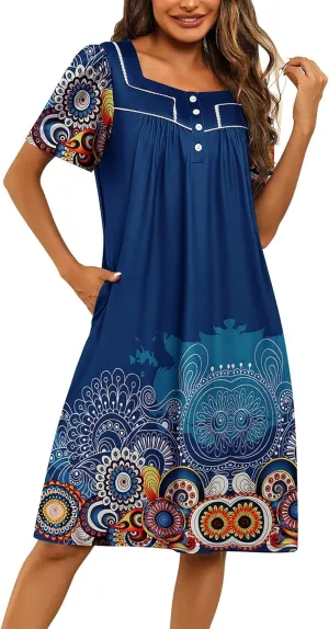 Ekouaer Women's House Dress with Pockets Moomoo Dresses Short Sleeve Mumu Nightgown Lounge Dress Button Down Sleepwear