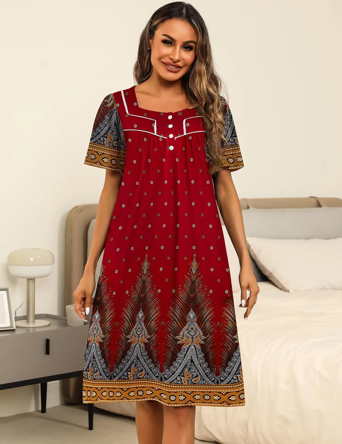 Ekouaer Women's House Dress with Pockets Moomoo Dresses Short Sleeve Mumu Nightgown Lounge Dress Button Down Sleepwear