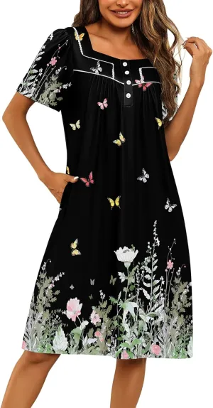 Ekouaer Women's House Dress with Pockets Moomoo Dresses Short Sleeve Mumu Nightgown Lounge Dress Button Down Sleepwear