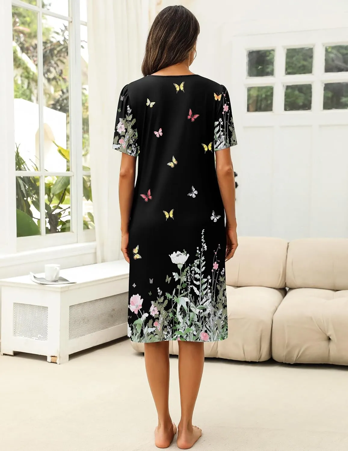 Ekouaer Women's House Dress with Pockets Moomoo Dresses Short Sleeve Mumu Nightgown Lounge Dress Button Down Sleepwear