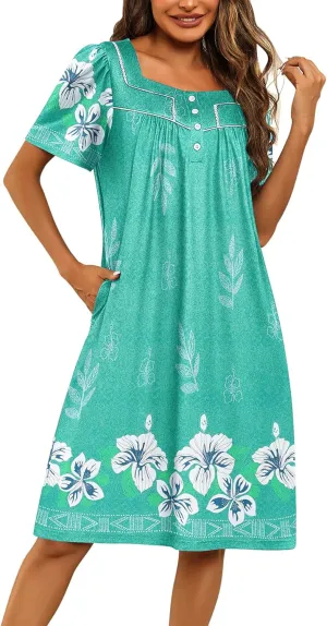 Ekouaer Women's House Dress with Pockets Moomoo Dresses Short Sleeve Mumu Nightgown Lounge Dress Button Down Sleepwear