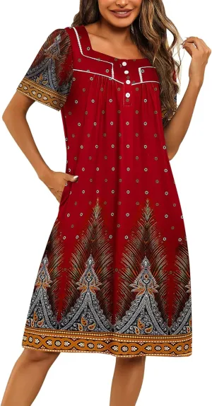 Ekouaer Women's House Dress with Pockets Moomoo Dresses Short Sleeve Mumu Nightgown Lounge Dress Button Down Sleepwear