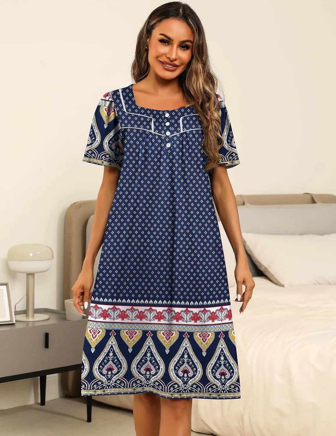 Ekouaer Women's House Dress with Pockets Moomoo Dresses Short Sleeve Mumu Nightgown Lounge Dress Button Down Sleepwear