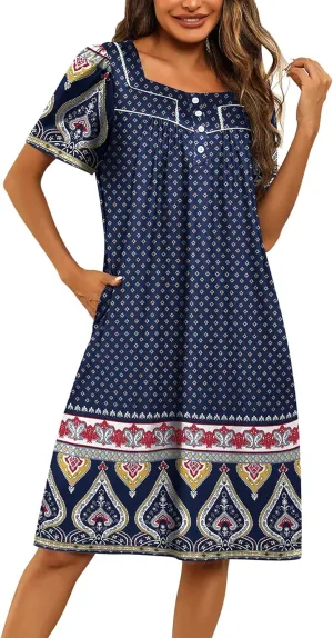 Ekouaer Women's House Dress with Pockets Moomoo Dresses Short Sleeve Mumu Nightgown Lounge Dress Button Down Sleepwear