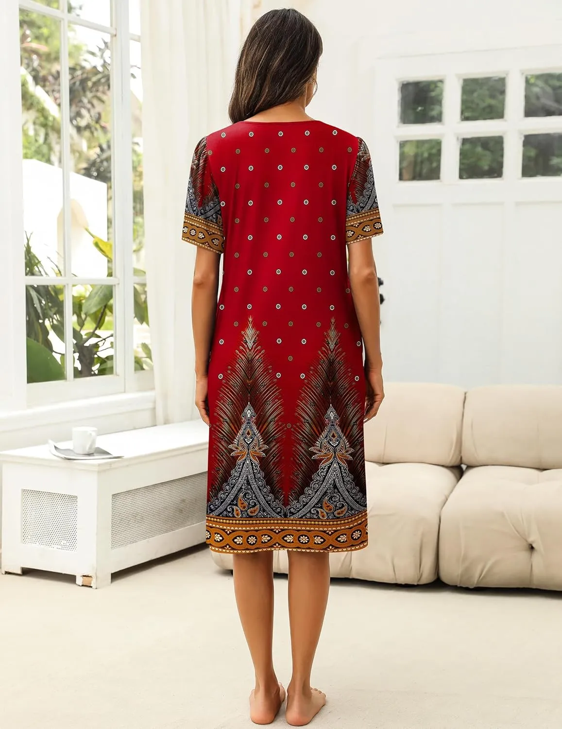 Ekouaer Women's House Dress with Pockets Moomoo Dresses Short Sleeve Mumu Nightgown Lounge Dress Button Down Sleepwear