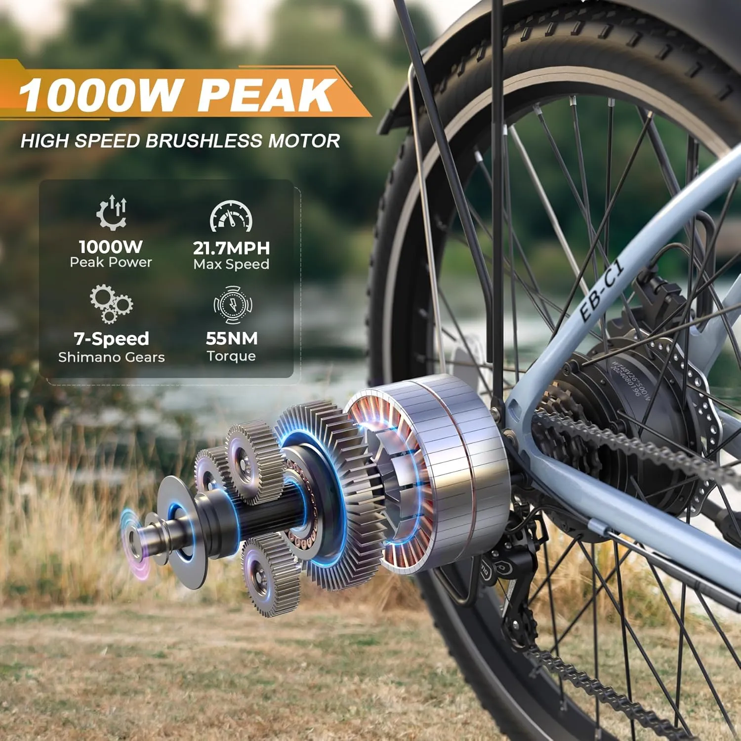 Electric Bike for Adults, 26" 1000W Peak City Cruiser Ebike, 21.7MPH 50 Miles Commuter Electric Bicycle with 48V 374.4WH Removable Li-ion Battery, Adjustable Stem, Rear Rack, Fenders, 7-Speed