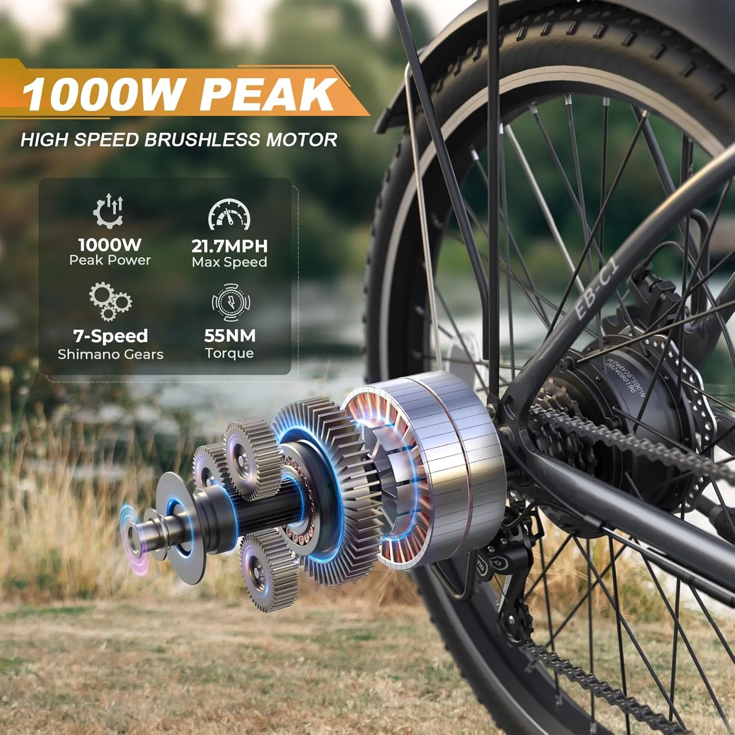 Electric Bike for Adults, 26" 1000W Peak City Cruiser Ebike, 21.7MPH 50 Miles Commuter Electric Bicycle with 48V 374.4WH Removable Li-ion Battery, Adjustable Stem, Rear Rack, Fenders, 7-Speed