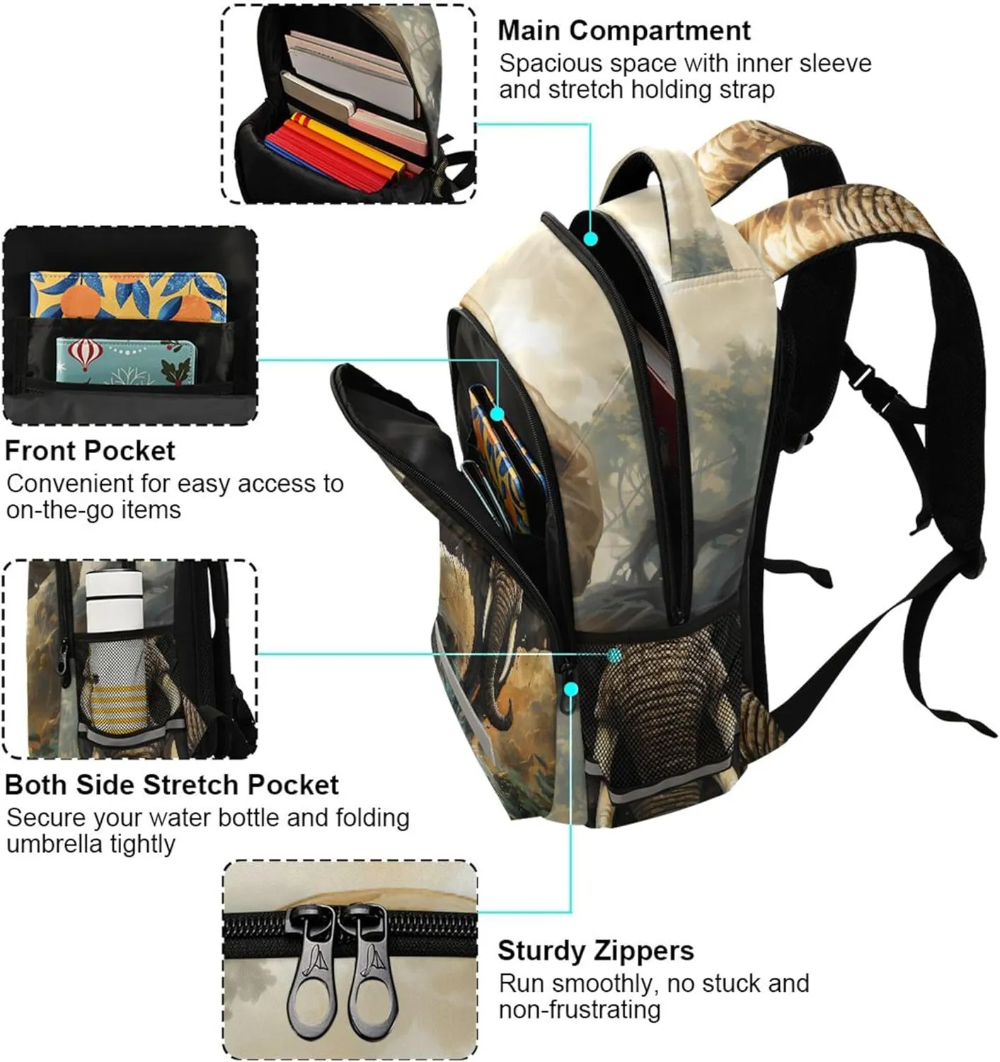 Elephant Printing Backpack for Student Kids Rucksack Boys Girls School Bag Travel Daypack