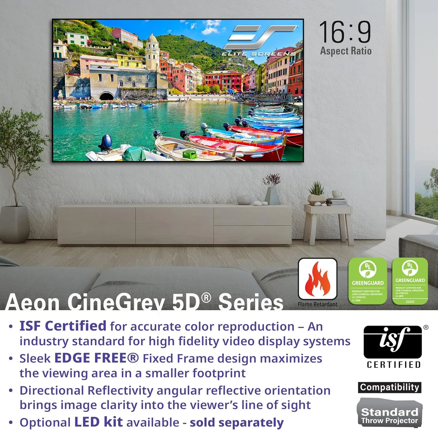 Elite Screens Aeon CineGrey 5D 115-Inch 16:9 Edge-Free CLR/ALR Projector Screen – Ceiling & Ambient Light Rejecting Fixed Frame Screen for Home Theater and Movies, AR115DHD5