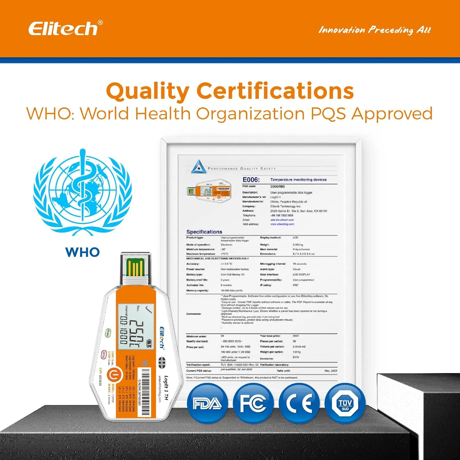 Elitech WHO PQS Certificated 50 Pack 120 Days Temperature Humidity Data Logger with Light Sensor Single-Use Cold Chain Monitor (CCM) Temperature Recorder with PDF Report 16000 Points LogEt1-TH