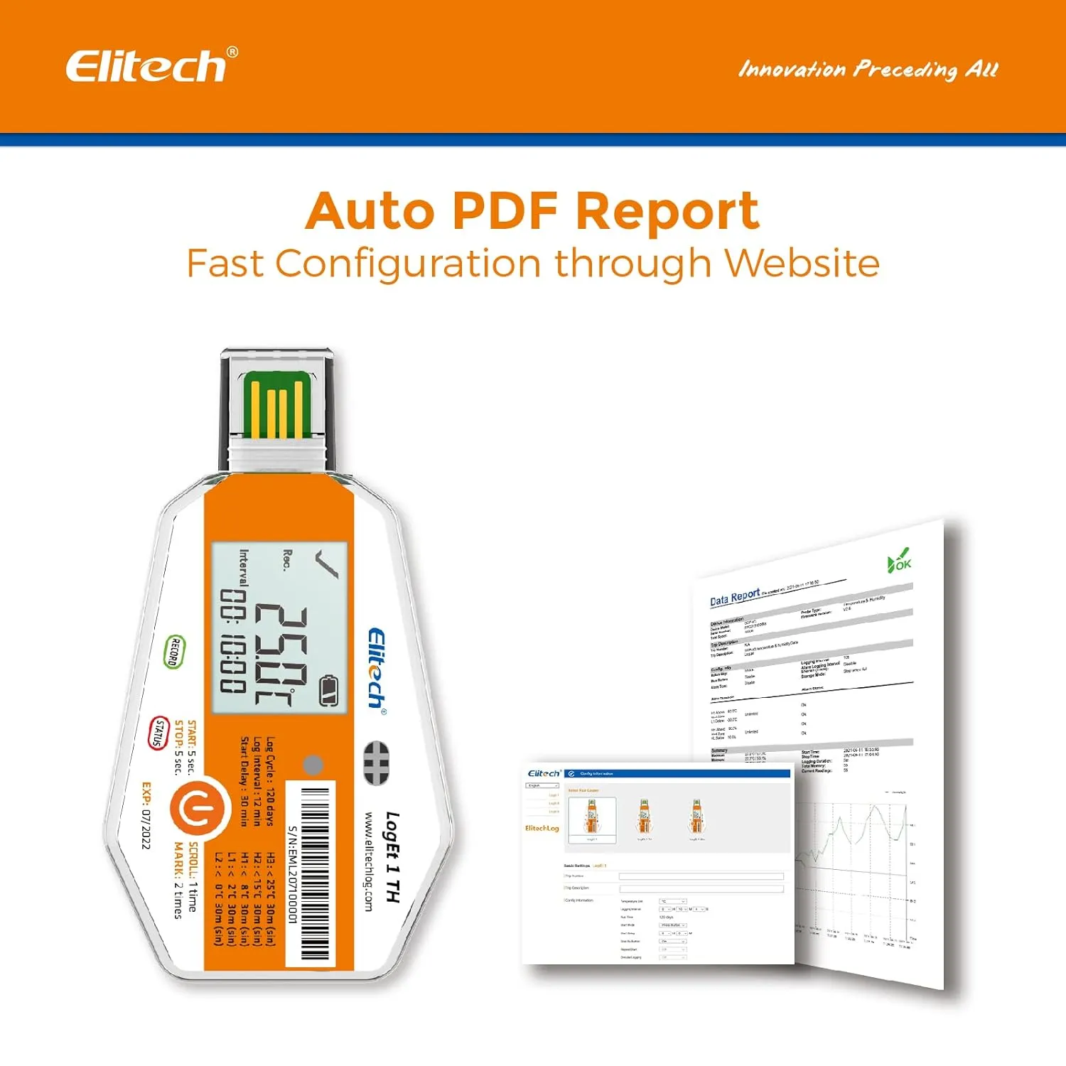 Elitech WHO PQS Certificated 50 Pack 120 Days Temperature Humidity Data Logger with Light Sensor Single-Use Cold Chain Monitor (CCM) Temperature Recorder with PDF Report 16000 Points LogEt1-TH