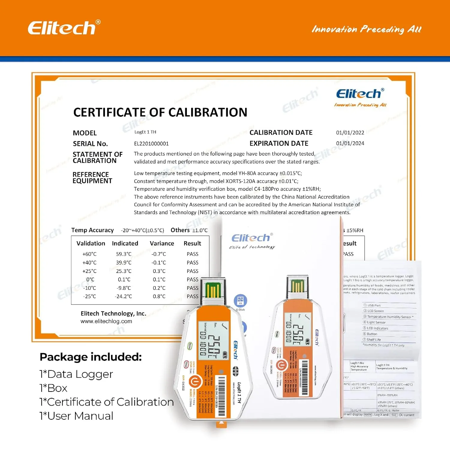 Elitech WHO PQS Certificated 50 Pack 120 Days Temperature Humidity Data Logger with Light Sensor Single-Use Cold Chain Monitor (CCM) Temperature Recorder with PDF Report 16000 Points LogEt1-TH