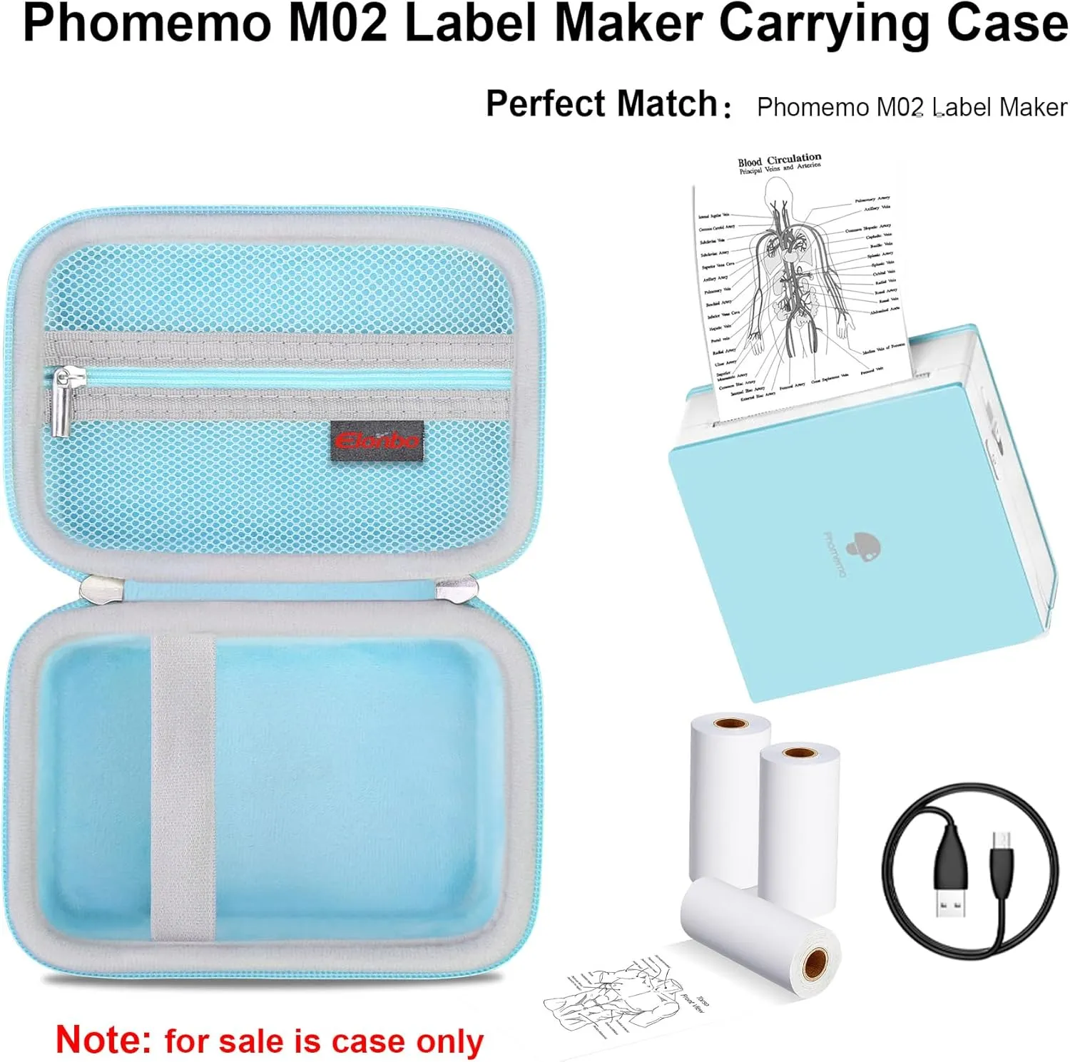 Elonbo Carrying Case for Phomemo M02 Label Maker, Pocket Printer Mini Sticker Printer Bluetooth Inkless Thermal Photo Printer Travel Bag, Label Printer Storage Holder, Mesh Pocket Fits Label Paper