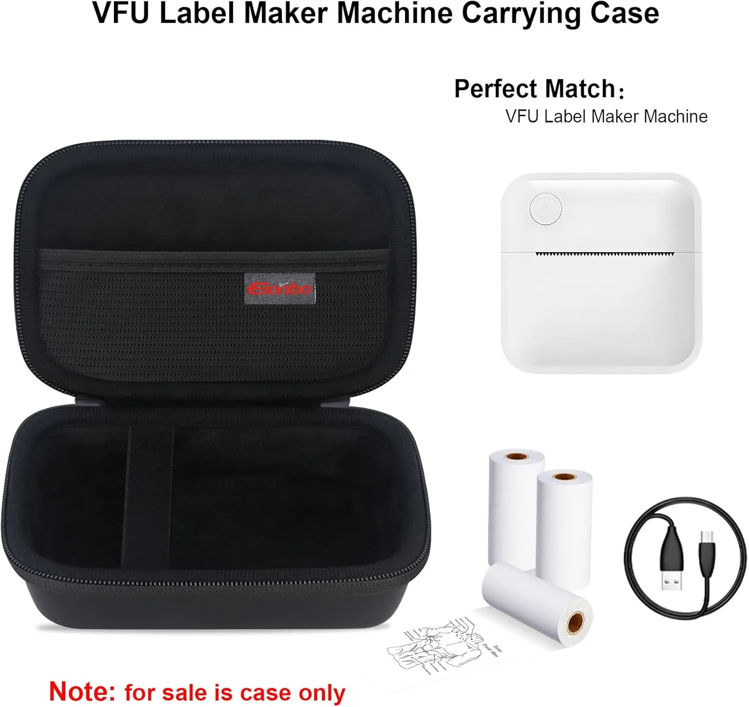 Elonbo Carrying Case for VFU Label Maker Machine, Mini Label Printer Portable Thermal Printer Travel Bag, Sticker Printer Storage Holder, Mesh Pocket Fits Label Paper Tape, Black