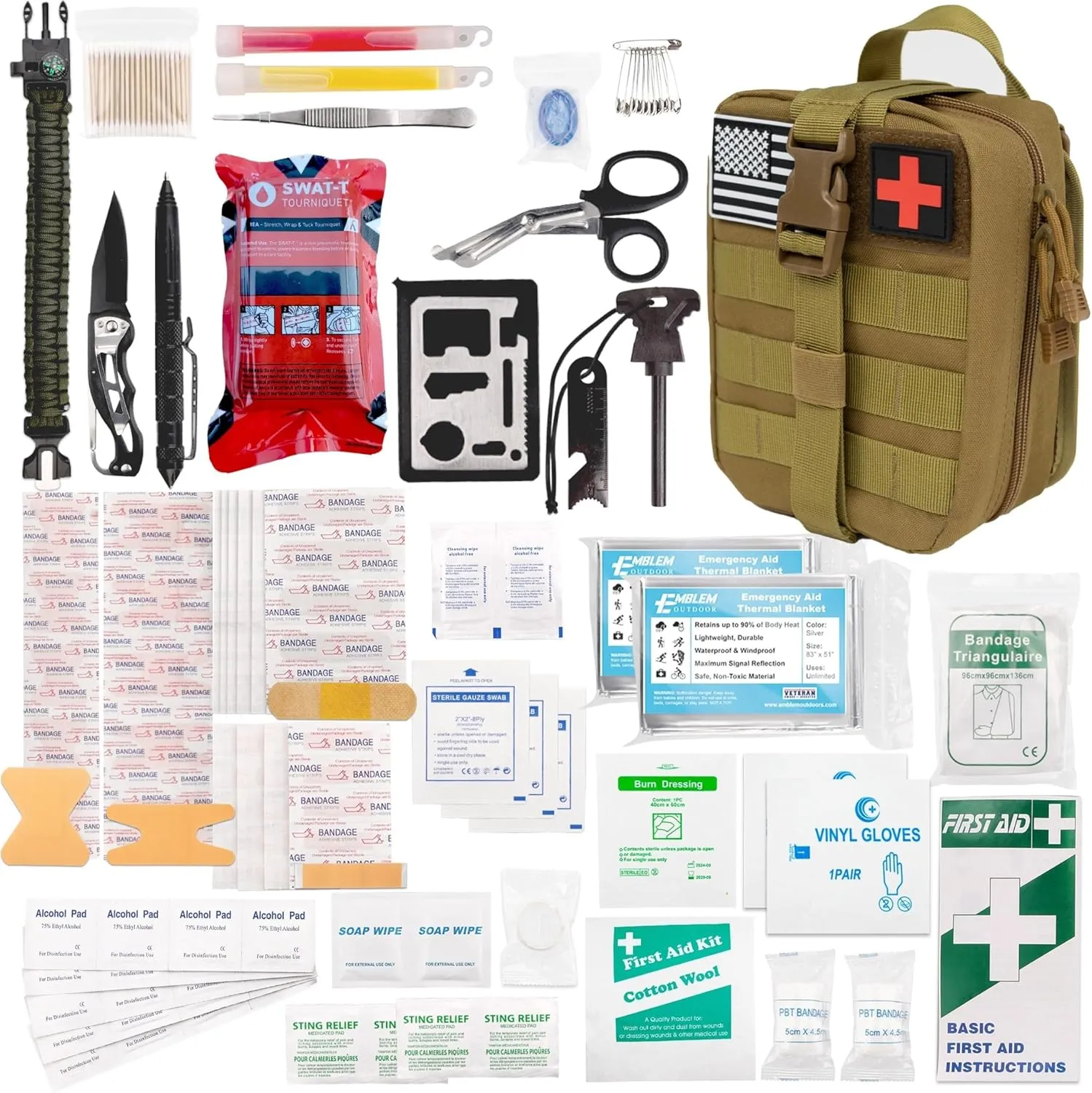 Emblem OD 242 pc First Aid Survival Kit with Tourniquet Kit | MOLLE IFAK Med Kit | Emergency Medical Trauma Kit | Survival Gear | Made in USA and Asia