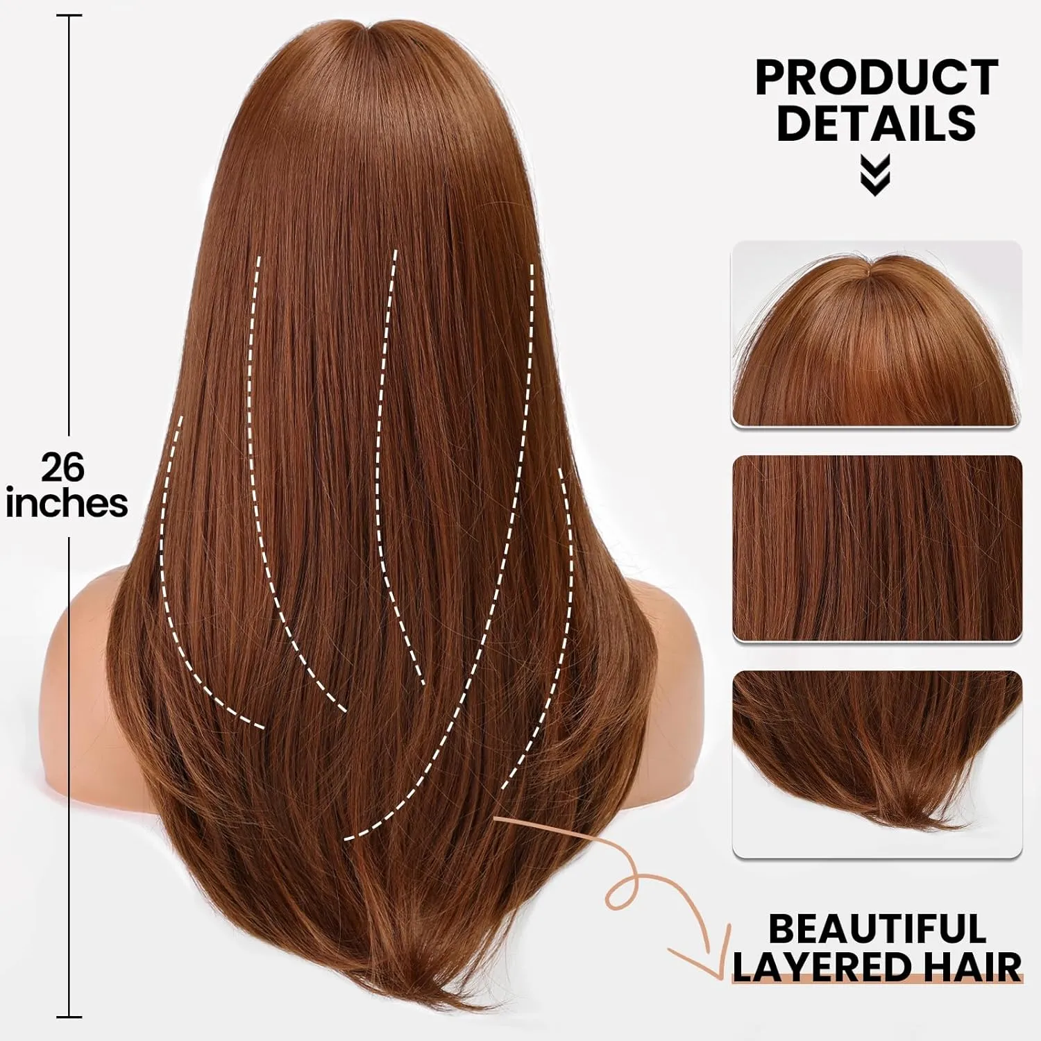 EMMOR Strawberry Blonde Wig With Bangs For Women Long Straight Wigs Auburn Layered Synthetic Layered Hairstyle For Girls Party Cosplay And Daily Use(26" Copper Brown)