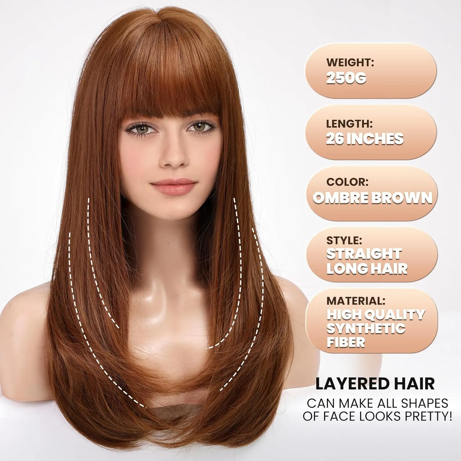 EMMOR Strawberry Blonde Wig With Bangs For Women Long Straight Wigs Auburn Layered Synthetic Layered Hairstyle For Girls Party Cosplay And Daily Use(26" Copper Brown)