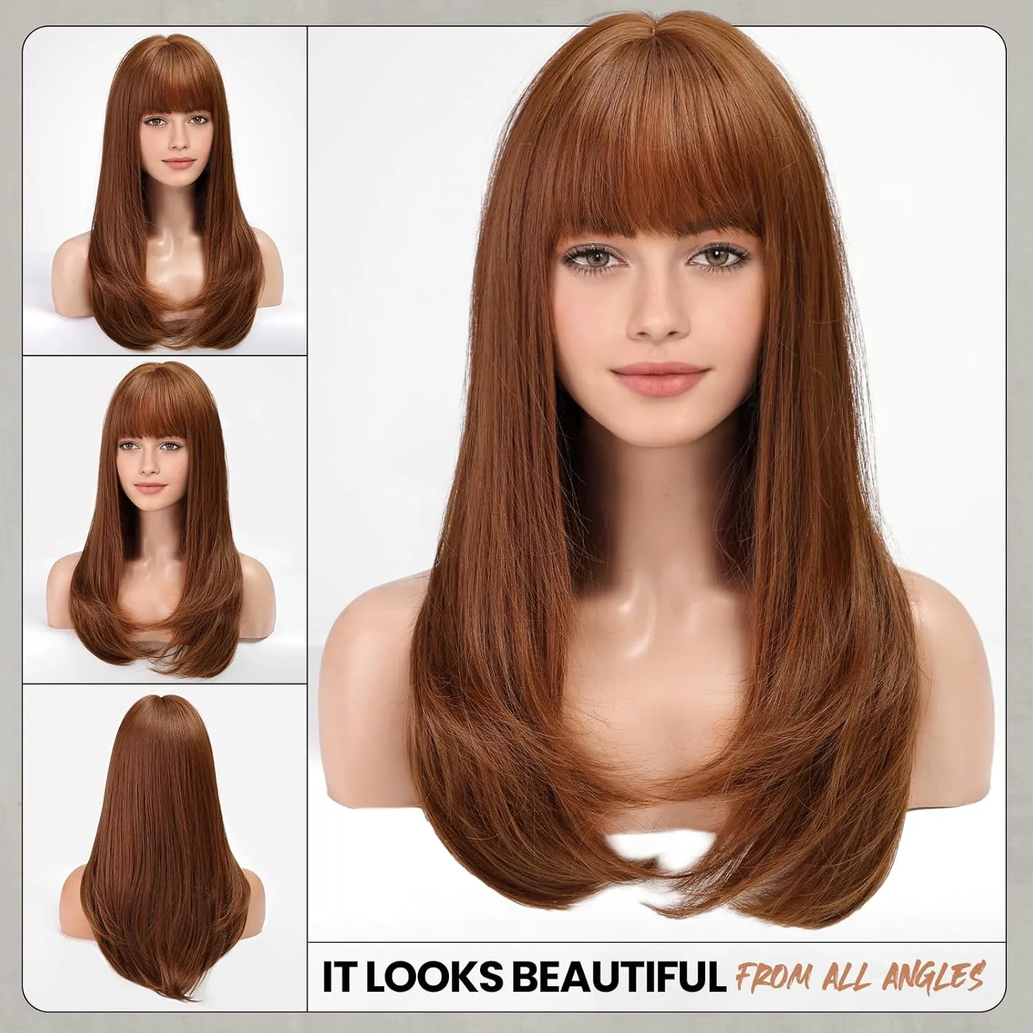 EMMOR Strawberry Blonde Wig With Bangs For Women Long Straight Wigs Auburn Layered Synthetic Layered Hairstyle For Girls Party Cosplay And Daily Use(26" Copper Brown)