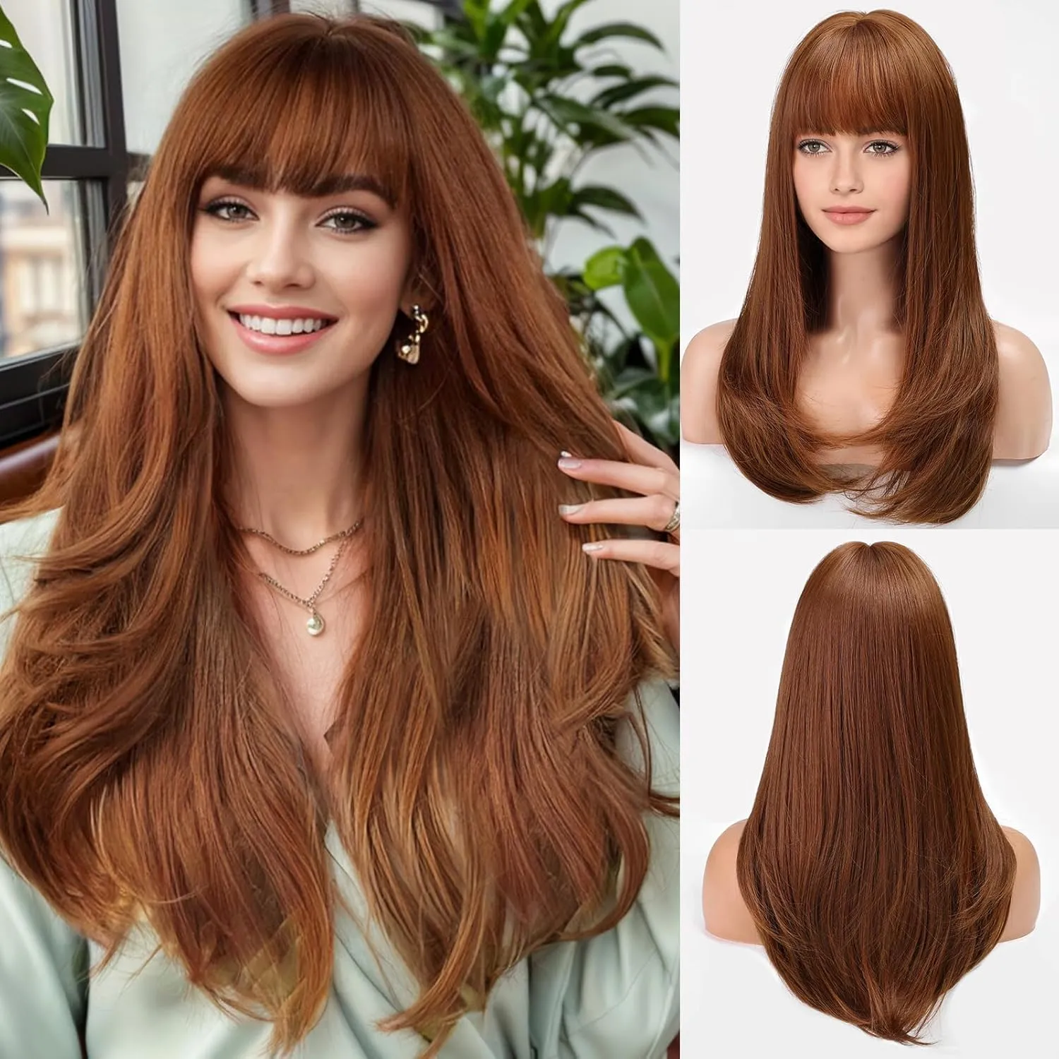 EMMOR Strawberry Blonde Wig With Bangs For Women Long Straight Wigs Auburn Layered Synthetic Layered Hairstyle For Girls Party Cosplay And Daily Use(26" Copper Brown)