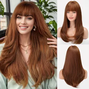 EMMOR Strawberry Blonde Wig With Bangs For Women Long Straight Wigs Auburn Layered Synthetic Layered Hairstyle For Girls Party Cosplay And Daily Use(26" Copper Brown)