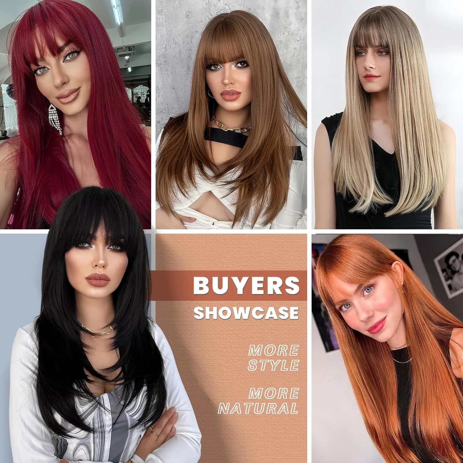 EMMOR Strawberry Blonde Wig With Bangs For Women Long Straight Wigs Auburn Layered Synthetic Layered Hairstyle For Girls Party Cosplay And Daily Use(26" Copper Brown)