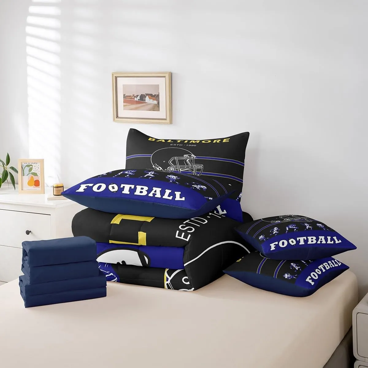 Erosebridal 7 Pieces Bed in a Bag Queen Comforter Set with Sheets, Football Design Bedding Sets for All Season,1 Comforter, 2 Cushion Covers, 1 Flat Sheet, 1 Fitted Sheet, 2 Pillowcases(Baltimore)