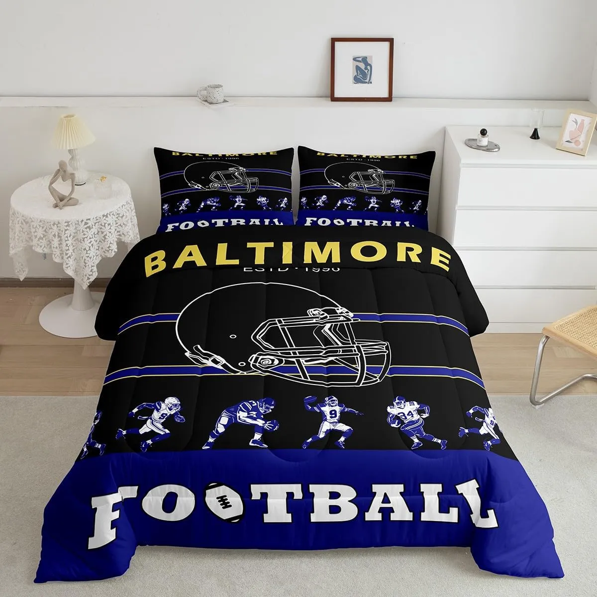 Erosebridal 7 Pieces Bed in a Bag Queen Comforter Set with Sheets, Football Design Bedding Sets for All Season,1 Comforter, 2 Cushion Covers, 1 Flat Sheet, 1 Fitted Sheet, 2 Pillowcases(Baltimore)