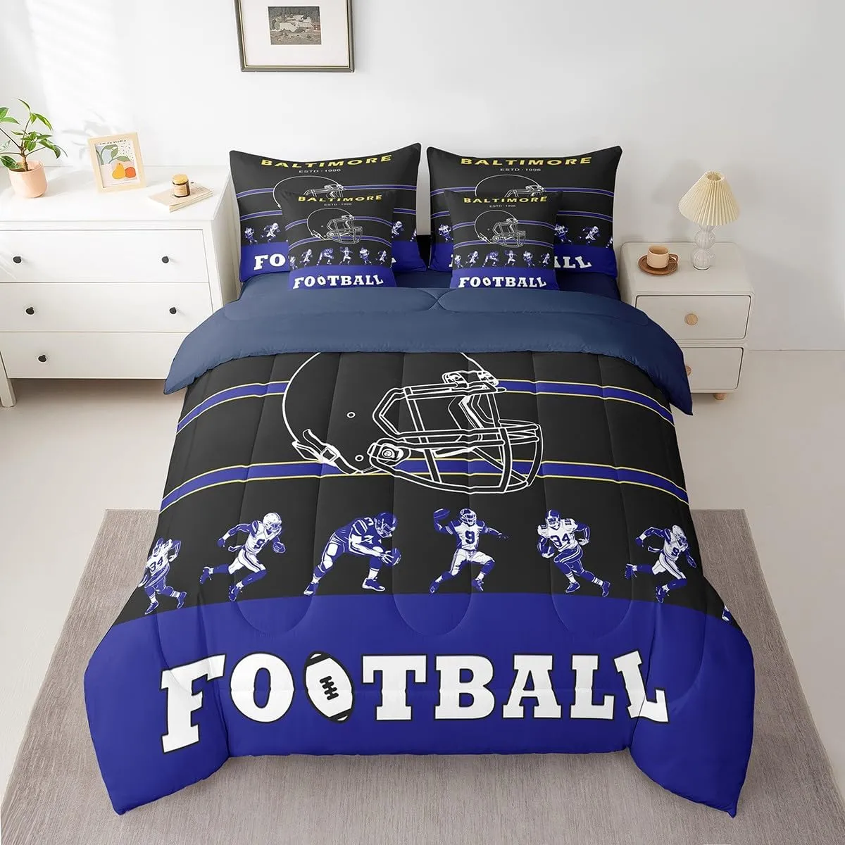 Erosebridal 7 Pieces Bed in a Bag Queen Comforter Set with Sheets, Football Design Bedding Sets for All Season,1 Comforter, 2 Cushion Covers, 1 Flat Sheet, 1 Fitted Sheet, 2 Pillowcases(Baltimore)