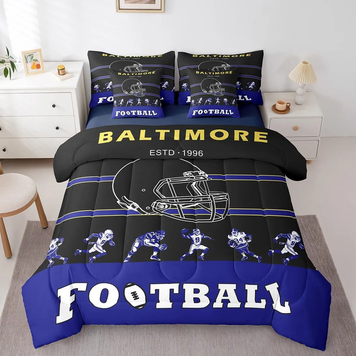 Erosebridal 7 Pieces Bed in a Bag Queen Comforter Set with Sheets, Football Design Bedding Sets for All Season,1 Comforter, 2 Cushion Covers, 1 Flat Sheet, 1 Fitted Sheet, 2 Pillowcases(Baltimore)