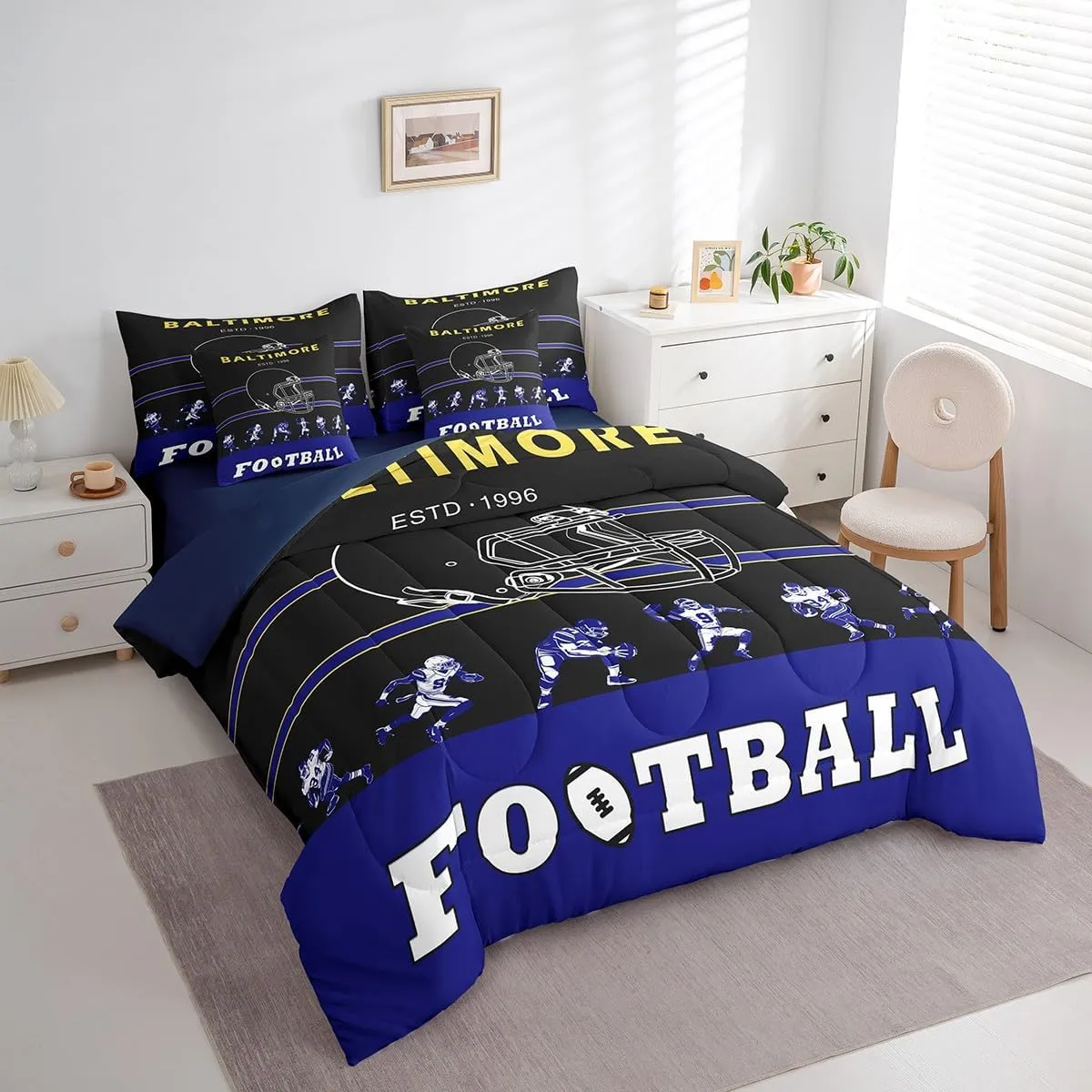 Erosebridal 7 Pieces Bed in a Bag Queen Comforter Set with Sheets, Football Design Bedding Sets for All Season,1 Comforter, 2 Cushion Covers, 1 Flat Sheet, 1 Fitted Sheet, 2 Pillowcases(Baltimore)