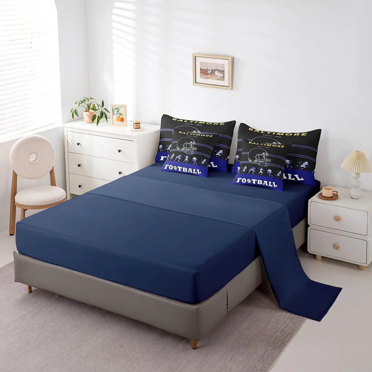 Erosebridal 7 Pieces Bed in a Bag Queen Comforter Set with Sheets, Football Design Bedding Sets for All Season,1 Comforter, 2 Cushion Covers, 1 Flat Sheet, 1 Fitted Sheet, 2 Pillowcases(Baltimore)