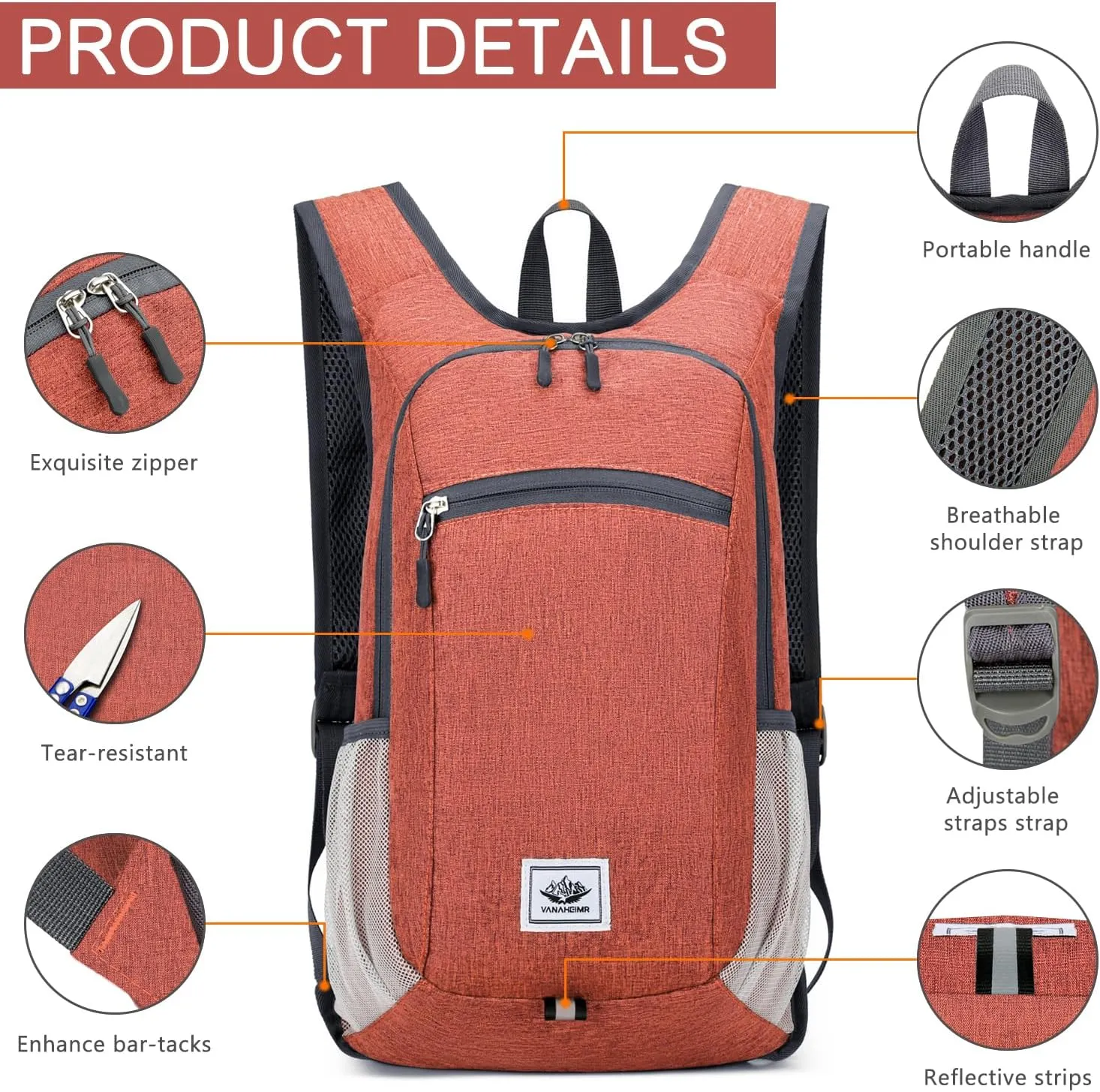 Esup 15L Lightweight Hiking Backpack Foldable Small Travel Backpack Packable Camping Backpack for Women Men (Dark Orange)