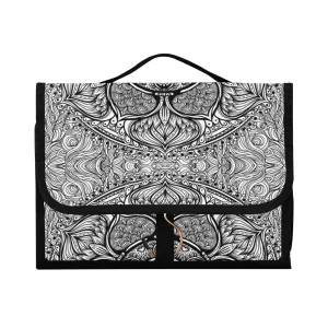 Ethnic Tribal Boho Indian Paisley Tattoo Mandala Flower Monochrome 1 PC Hanging Toiletry Wash bag Portable Makeup Organizer Brush Storage Case Portable Travel Cosmetic with Hook