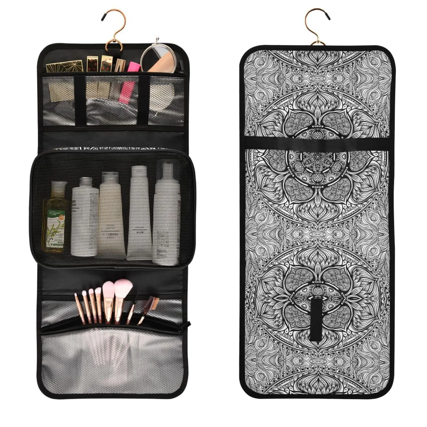 Ethnic Tribal Boho Indian Paisley Tattoo Mandala Flower Monochrome 1 PC Hanging Toiletry Wash bag Portable Makeup Organizer Brush Storage Case Portable Travel Cosmetic with Hook