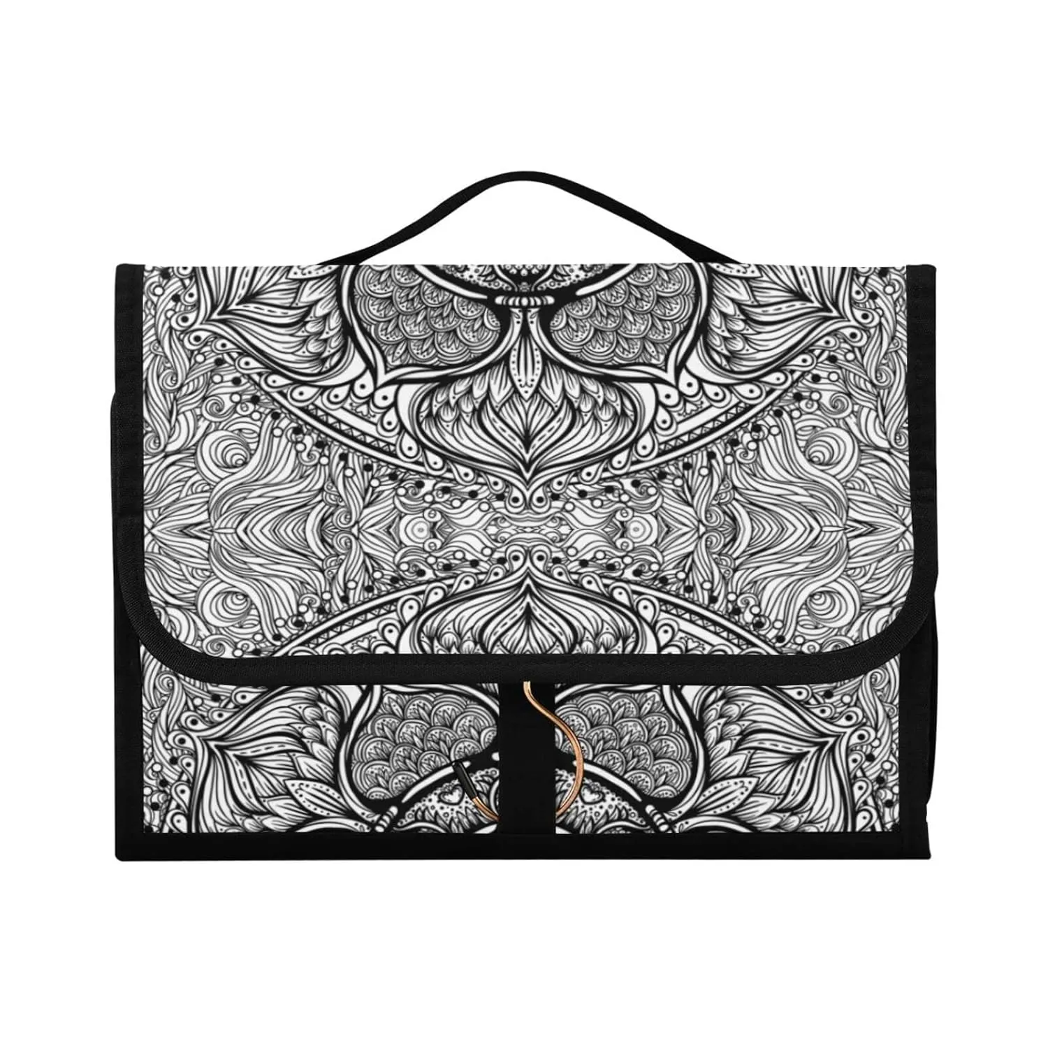 Ethnic Tribal Boho Indian Paisley Tattoo Mandala Flower Monochrome 1 PC Hanging Toiletry Wash bag Portable Makeup Organizer Brush Storage Case Portable Travel Cosmetic with Hook