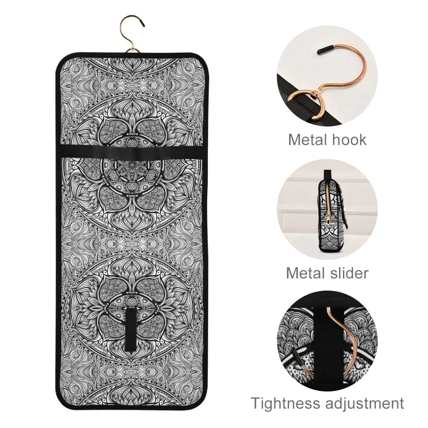 Ethnic Tribal Boho Indian Paisley Tattoo Mandala Flower Monochrome 1 PC Hanging Toiletry Wash bag Portable Makeup Organizer Brush Storage Case Portable Travel Cosmetic with Hook