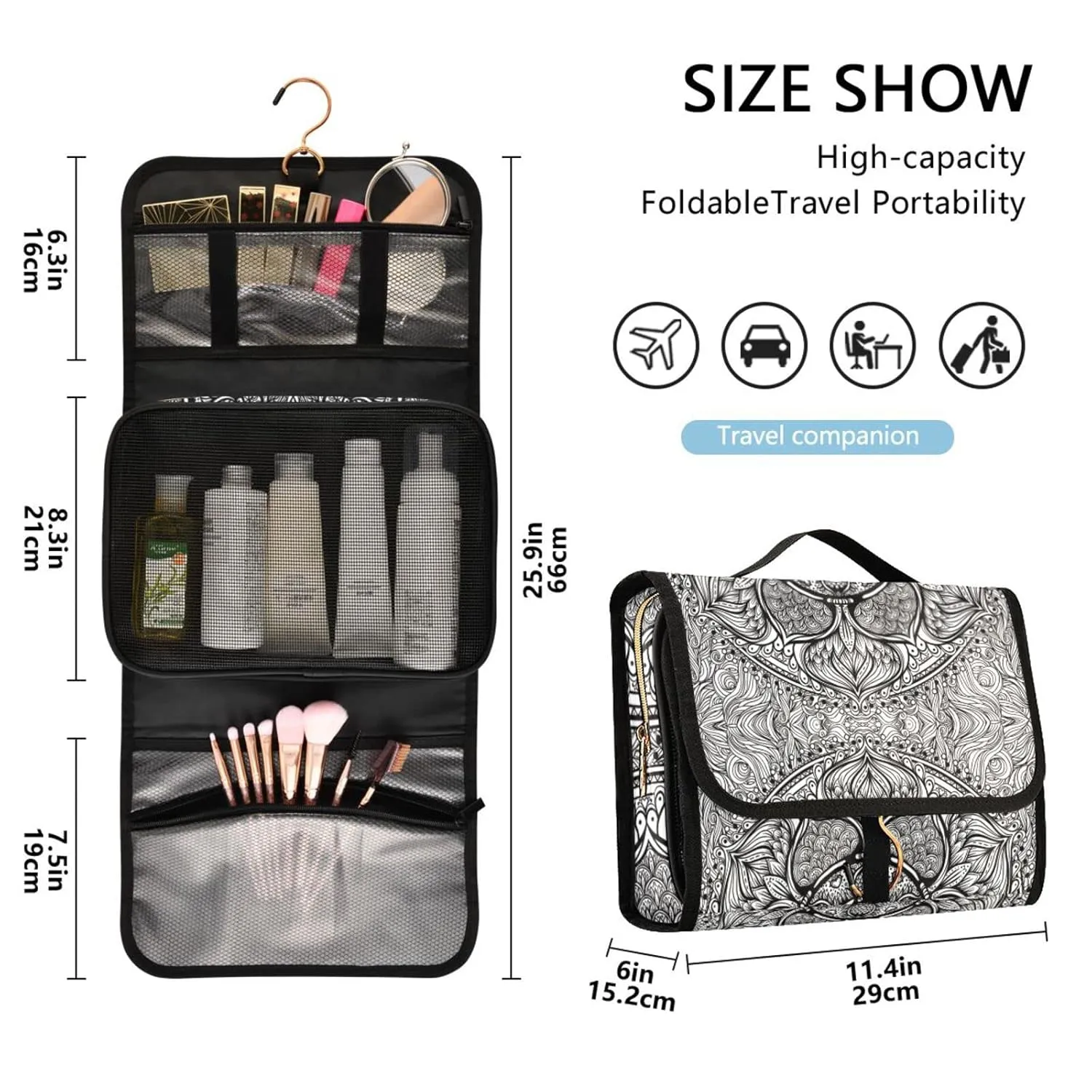 Ethnic Tribal Boho Indian Paisley Tattoo Mandala Flower Monochrome 1 PC Hanging Toiletry Wash bag Portable Makeup Organizer Brush Storage Case Portable Travel Cosmetic with Hook