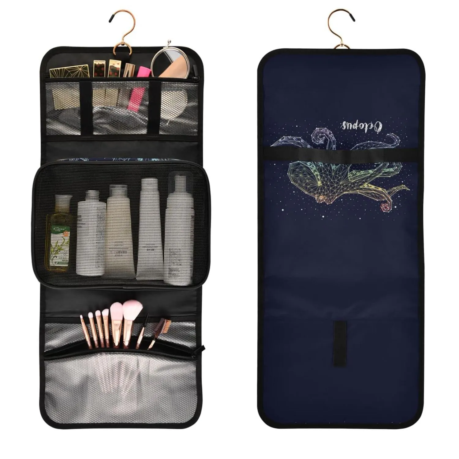Ethnic Tribal Boho Indian Paisley Tattoo Mandala Flower Monochrome 1 PC Hanging Toiletry Wash bag Portable Makeup Organizer Brush Storage Case Portable Travel Cosmetic with Hook
