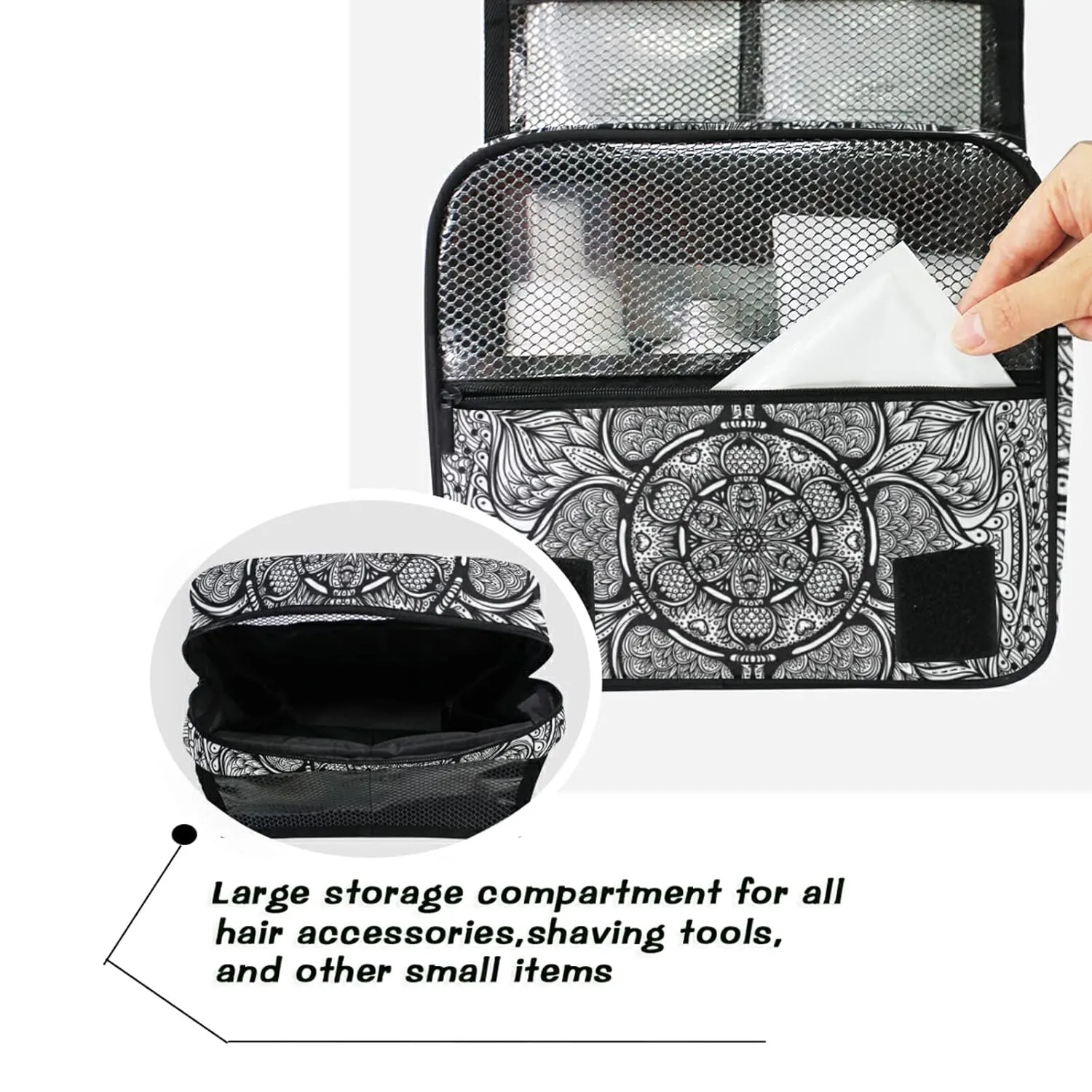Ethnic Tribal Boho Indian Paisley Tattoo Mandala Flower Monochrome Travel Cosmetic Bag, Hanging Toiletry Wash bag, Portable Makeup Organizer Brush Case, Storage Bag with Hook for Bathroom Toilet
