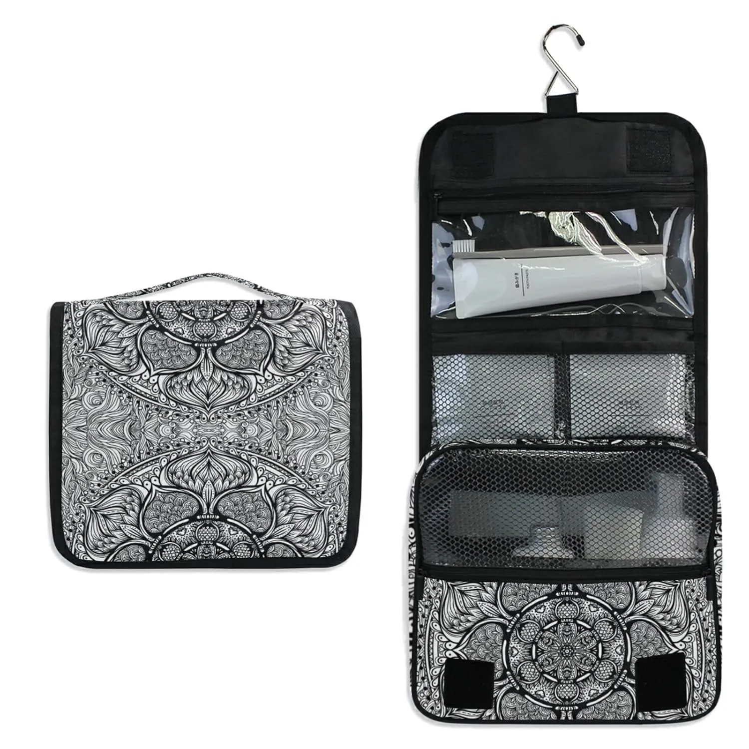 Ethnic Tribal Boho Indian Paisley Tattoo Mandala Flower Monochrome Travel Cosmetic Bag, Hanging Toiletry Wash bag, Portable Makeup Organizer Brush Case, Storage Bag with Hook for Bathroom Toilet