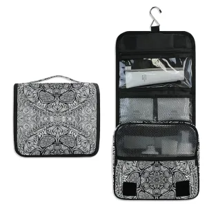 Ethnic Tribal Boho Indian Paisley Tattoo Mandala Flower Monochrome Travel Cosmetic Bag, Hanging Toiletry Wash bag, Portable Makeup Organizer Brush Case, Storage Bag with Hook for Bathroom Toilet