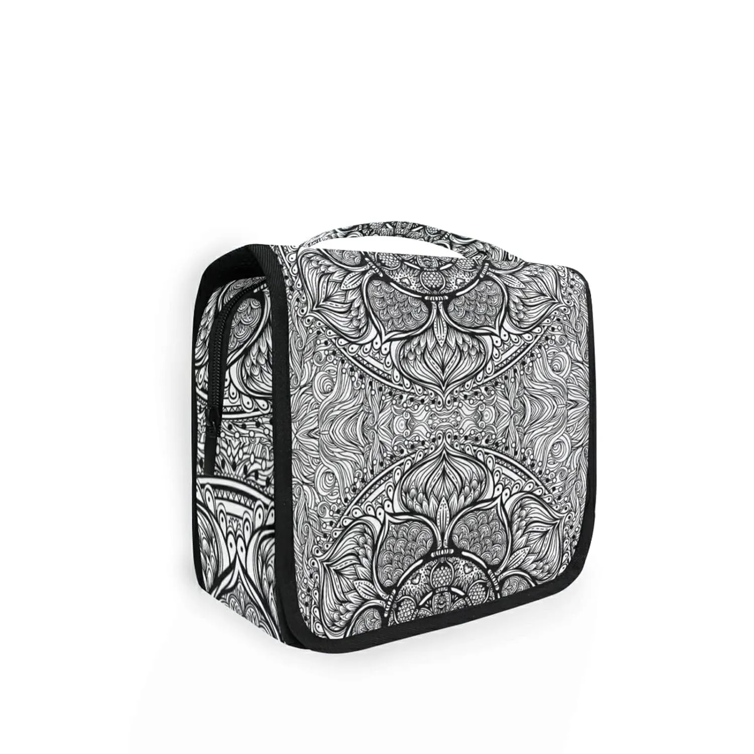 Ethnic Tribal Boho Indian Paisley Tattoo Mandala Flower Monochrome Travel Cosmetic Bag, Hanging Toiletry Wash bag, Portable Makeup Organizer Brush Case, Storage Bag with Hook for Bathroom Toilet