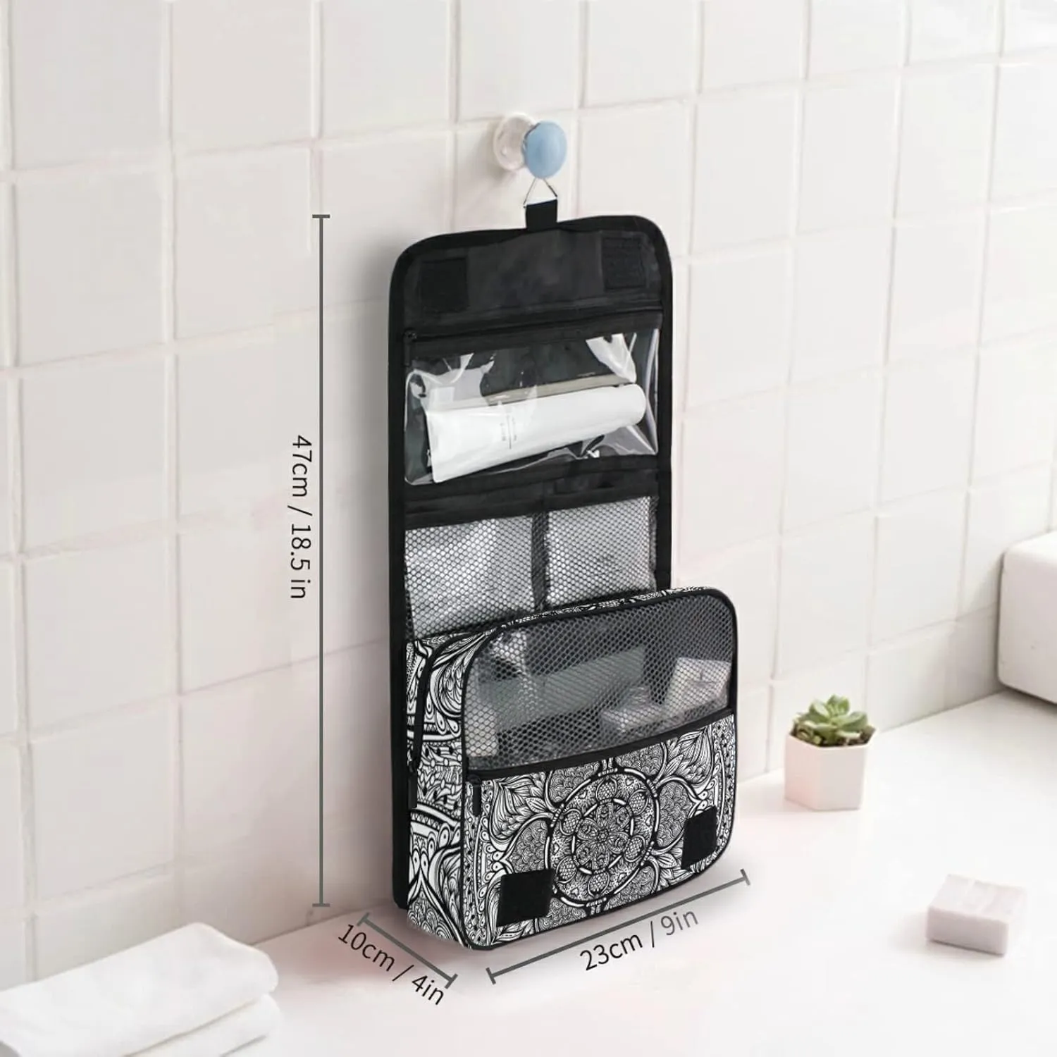 Ethnic Tribal Boho Indian Paisley Tattoo Mandala Flower Monochrome Travel Cosmetic Bag, Hanging Toiletry Wash bag, Portable Makeup Organizer Brush Case, Storage Bag with Hook for Bathroom Toilet