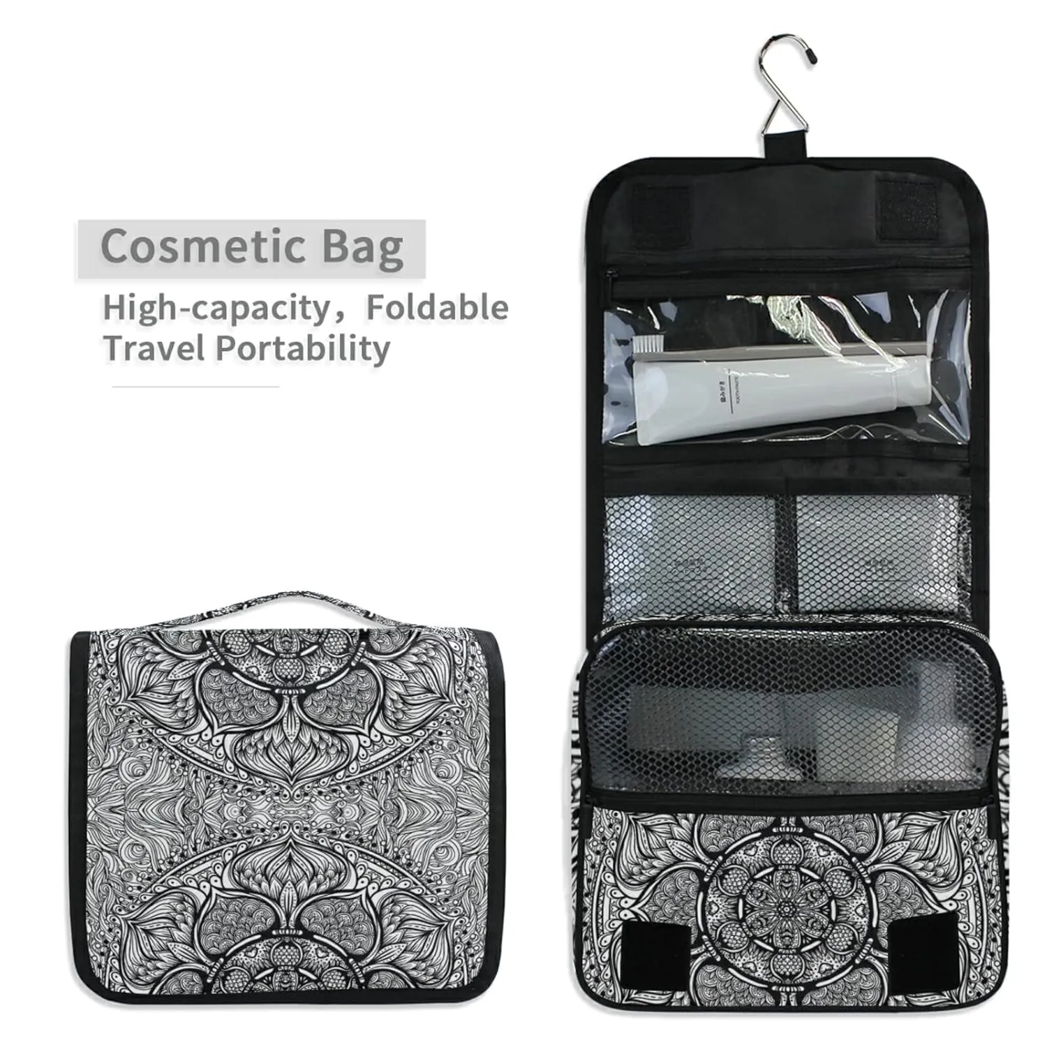 Ethnic Tribal Boho Indian Paisley Tattoo Mandala Flower Monochrome Travel Cosmetic Bag, Hanging Toiletry Wash bag, Portable Makeup Organizer Brush Case, Storage Bag with Hook for Bathroom Toilet